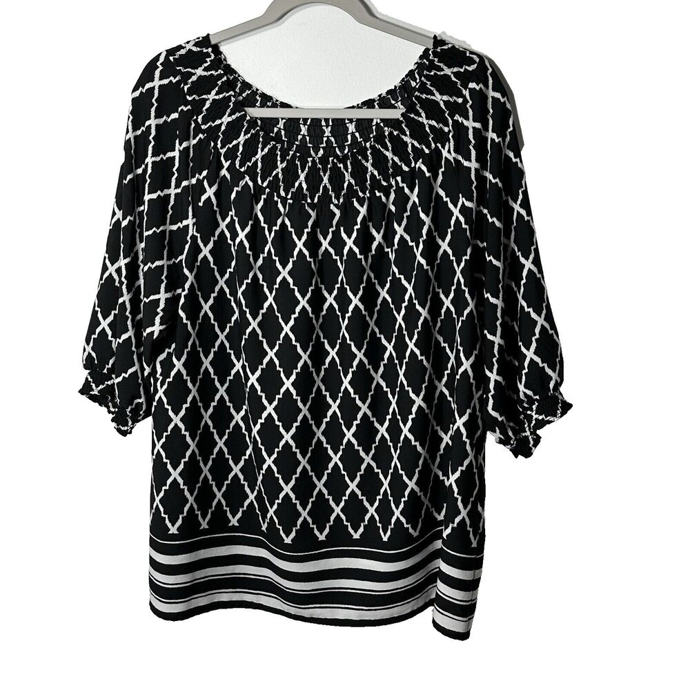Chico's Blouse Women's Size 2 Black & White Elastic Top and Cuffs w/Chic Stripe